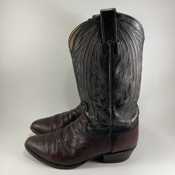Justin Cowboy Boots Mens Size 9D Two Tone Burgundy Black Leather Almond Toe 1509 - Picture 3 of 10